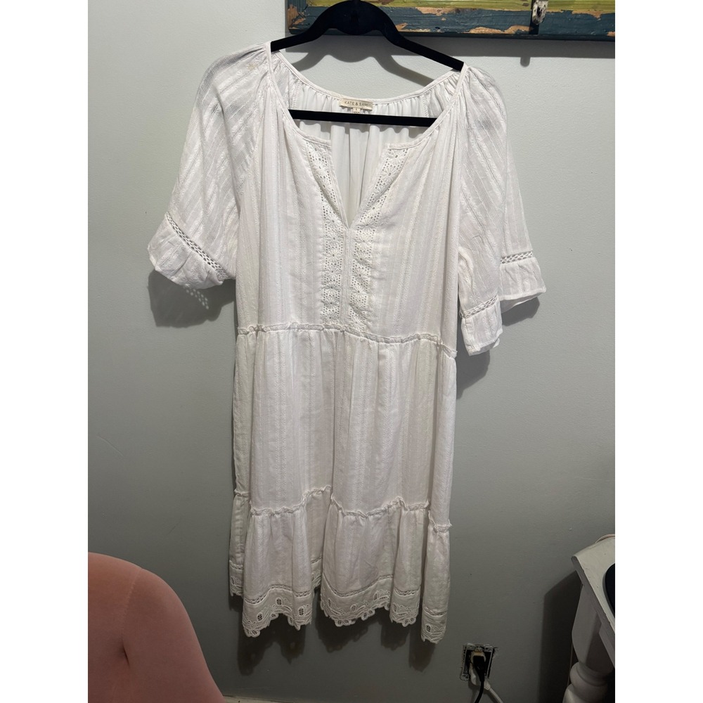 Kate & Sam Womens White Eyelet Lace Tiered Mini Dress Boho Split Neck Large‎